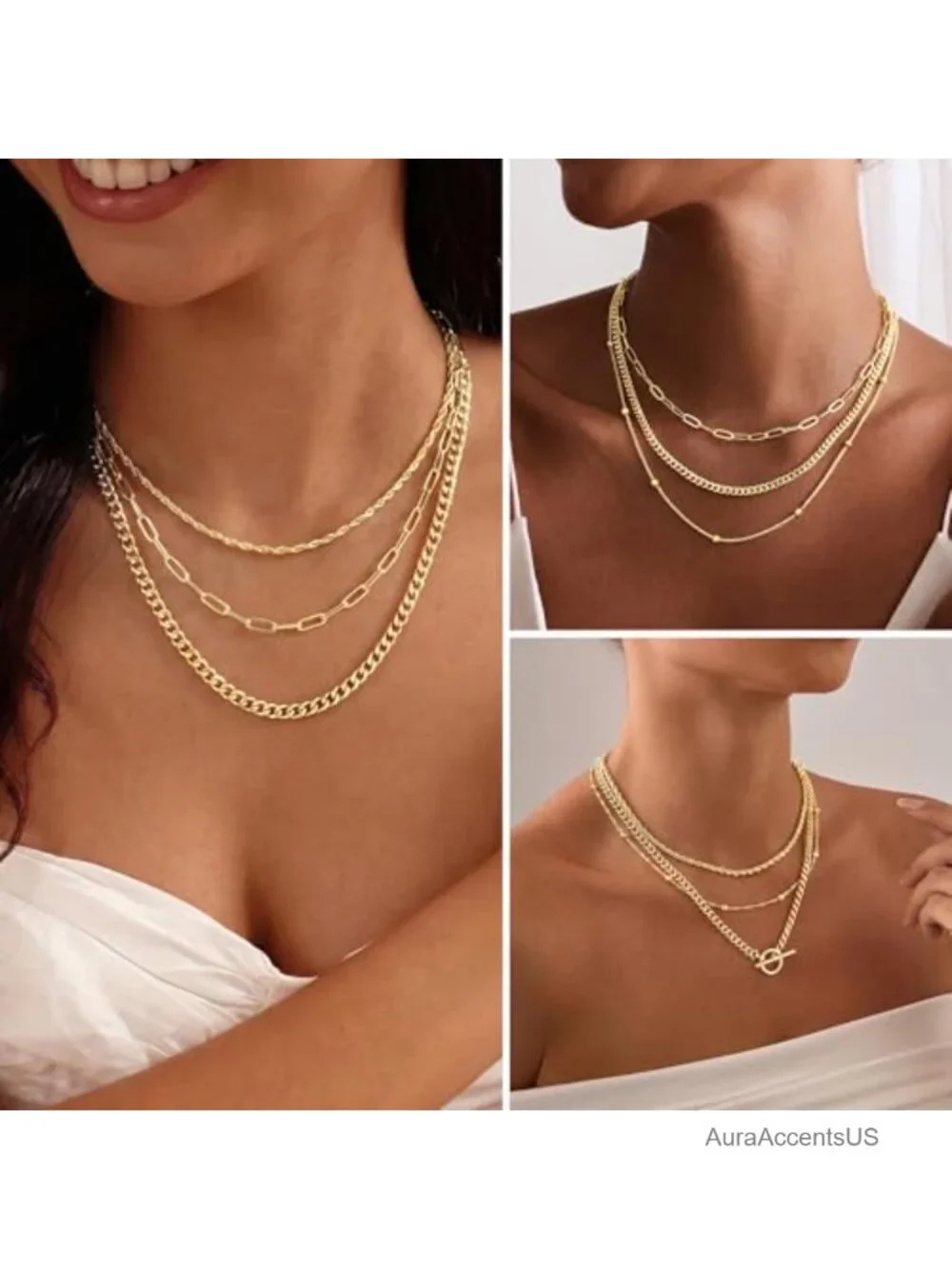 14K Gold Plated Layered Necklace Set, Dainty Chain Stack with Extender